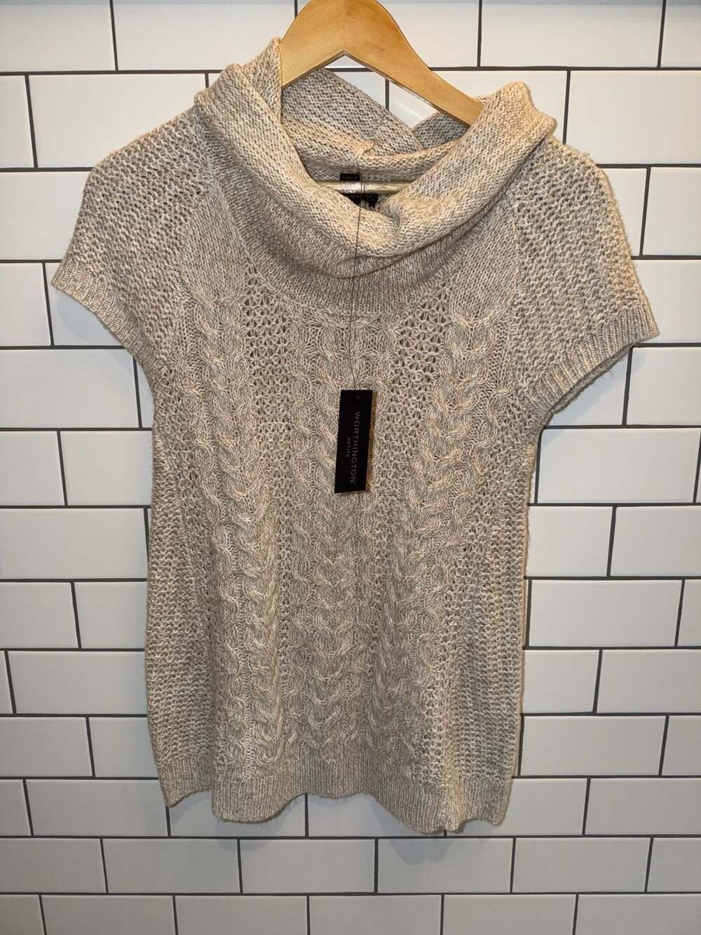 Worthington Petite Cowl Neck Cable Knit Short Sleeve Sweater